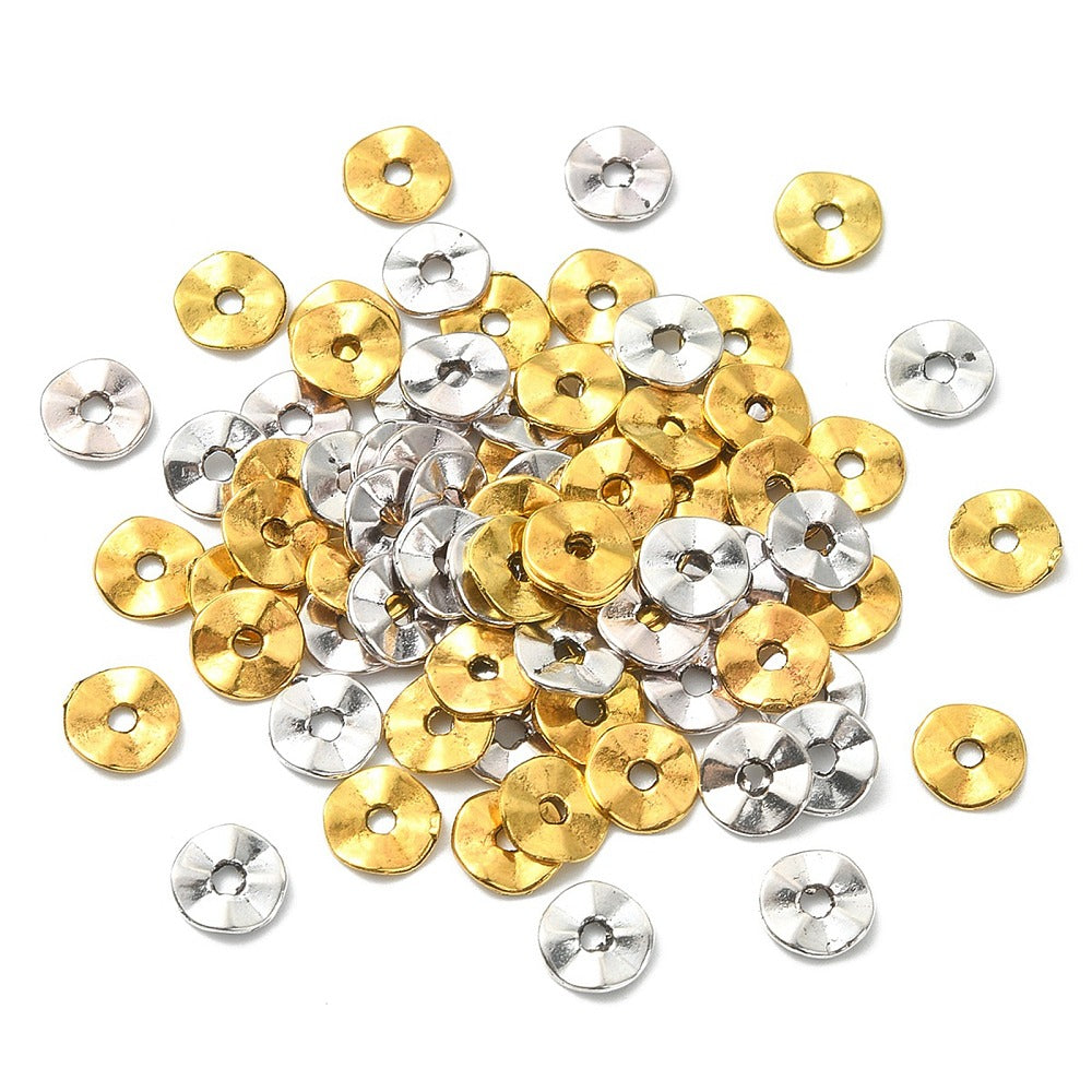 100Pcs 2 Colors Tibetan Style Wavy Spacer Beads, Twist Flat Round, Antique Silver & Antique Golden 100 Pieces