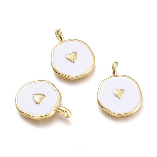 Brass Enamel Pendants, Flat Round with Heart, Golden, White