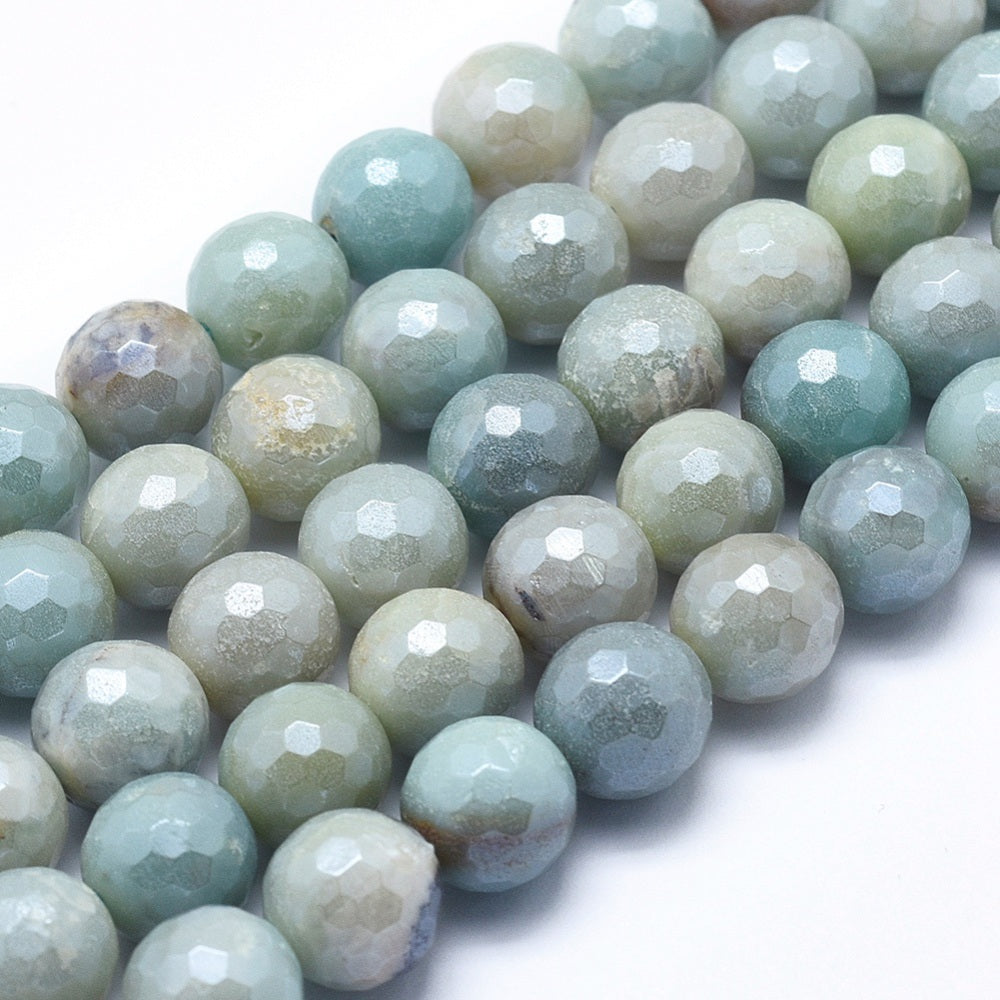 Natural Amazonite Beads Strands, Round, Faceted, Electroplated 8mm