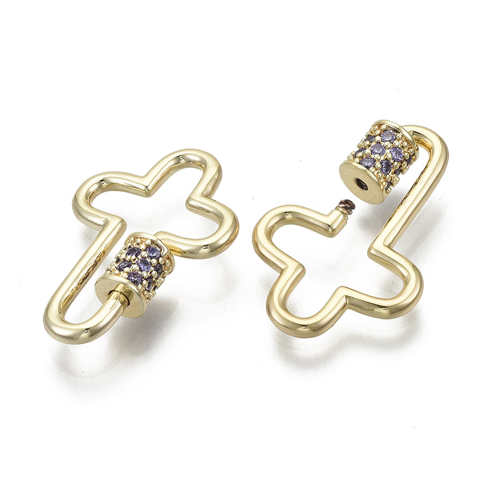 Brass Micro Pave Cubic Zirconia Screw Carabiner Lock Charms, Cross, Nickel Free, Real 18K Gold Plated, Medium Purple