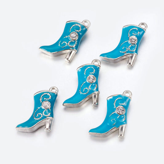 Alloy Enamel Pendants, Cadmium Free &amp; Lead Free, with Rhinestones, Platinum Color, Boot, Deep Sky Blue 2PK
