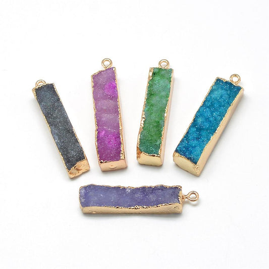 Natural Druzy Agate Pendants, with Brass Findings, Dyed, Rectangle, Golden, Mixed Color