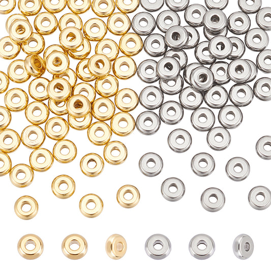 Unicraftale 100Pcs 2 Style 304 Stainless Steel Spacer Beads, Rondelle &; Flat Round, Real Gold Plated &; Stainless Steel Color