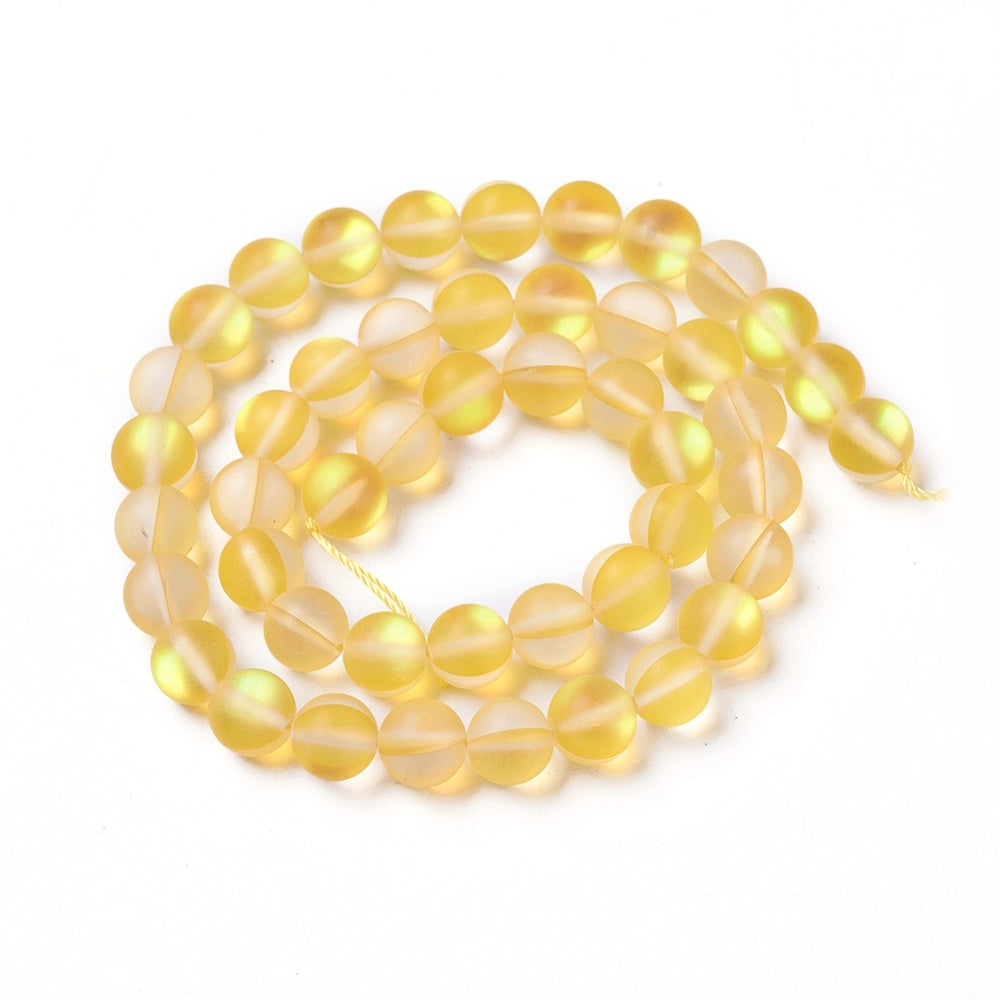 Mermaid Glass Holographic Beads, Half AB Color Plated, Frosted, Round, Yellow 8mm