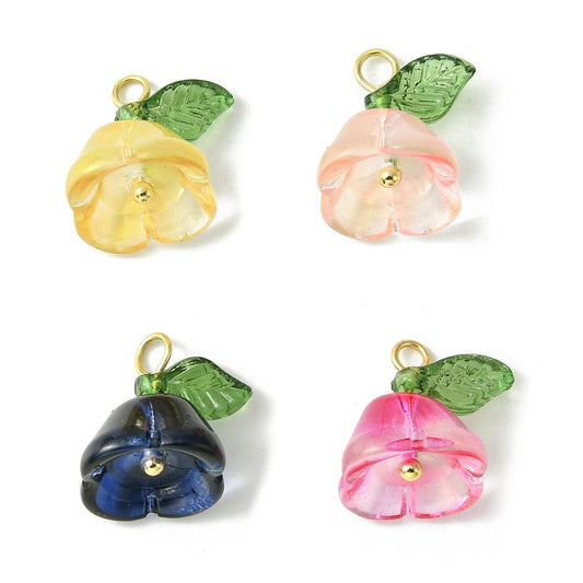 Acrylic Pendants with Glass, Flower Charms Mixed Color 4 Pieces