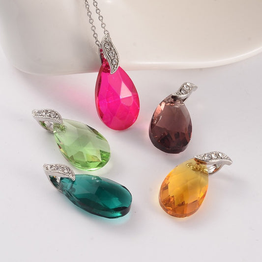 Faceted Teardrop Brass Glass Pendants, with Rhinestone, Platinum, Mixed Color