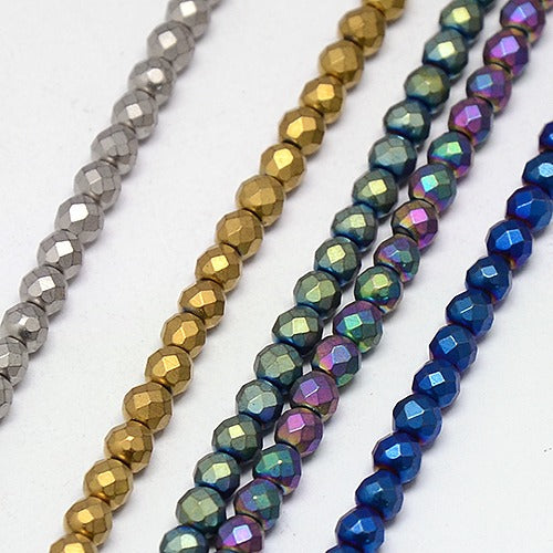 Electroplate Hematite Beads Strands, Faceted, Frosted, Round, Grade A, Mixed Color Size: about 4mm