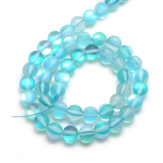 Mermaid Glass Holographic Beads, Half AB Color Plated, Frosted, Round, Cyan 8mm