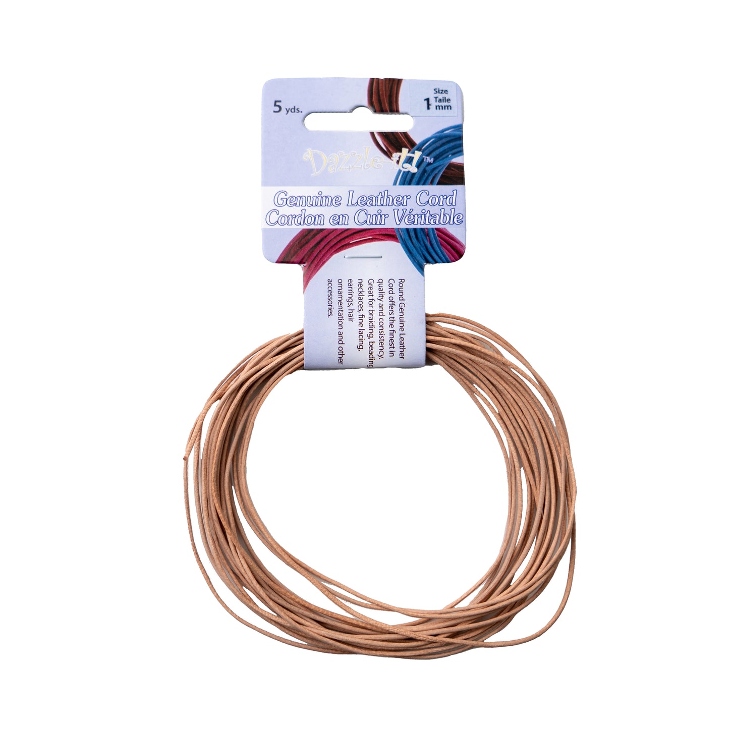 Dazzle-It Genuine Leather Cord 1mm Round; 5yds; Black, Natural, Brown